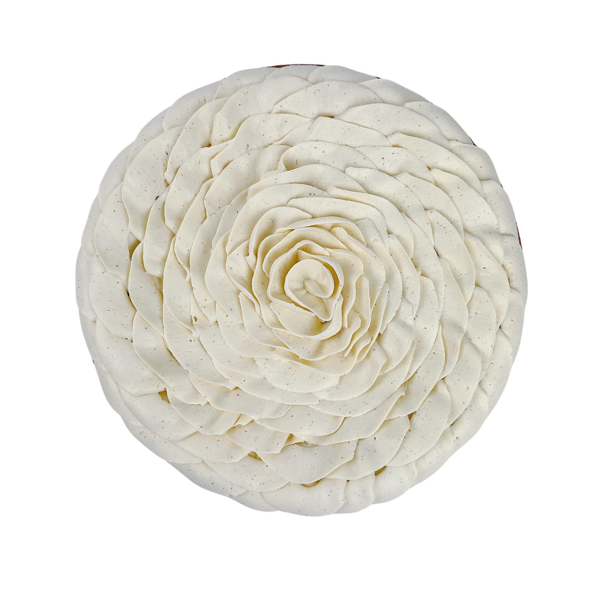 Top view of a handcrafted Chocolate Fondant Cake decorated with a vanilla bean whipped ganache rose, made for birthdays and celebrations.