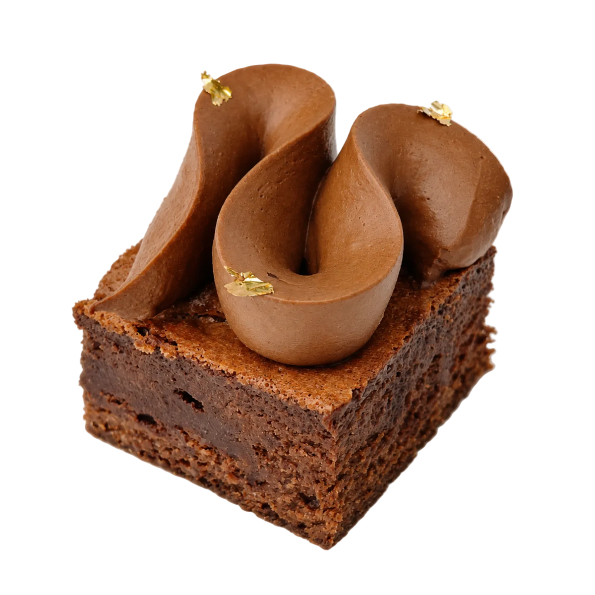 Chocolate fondant petit four with silky dark chocolate and tonka bean namelaka, finished with delicate gold leaf — Maison Augustine.