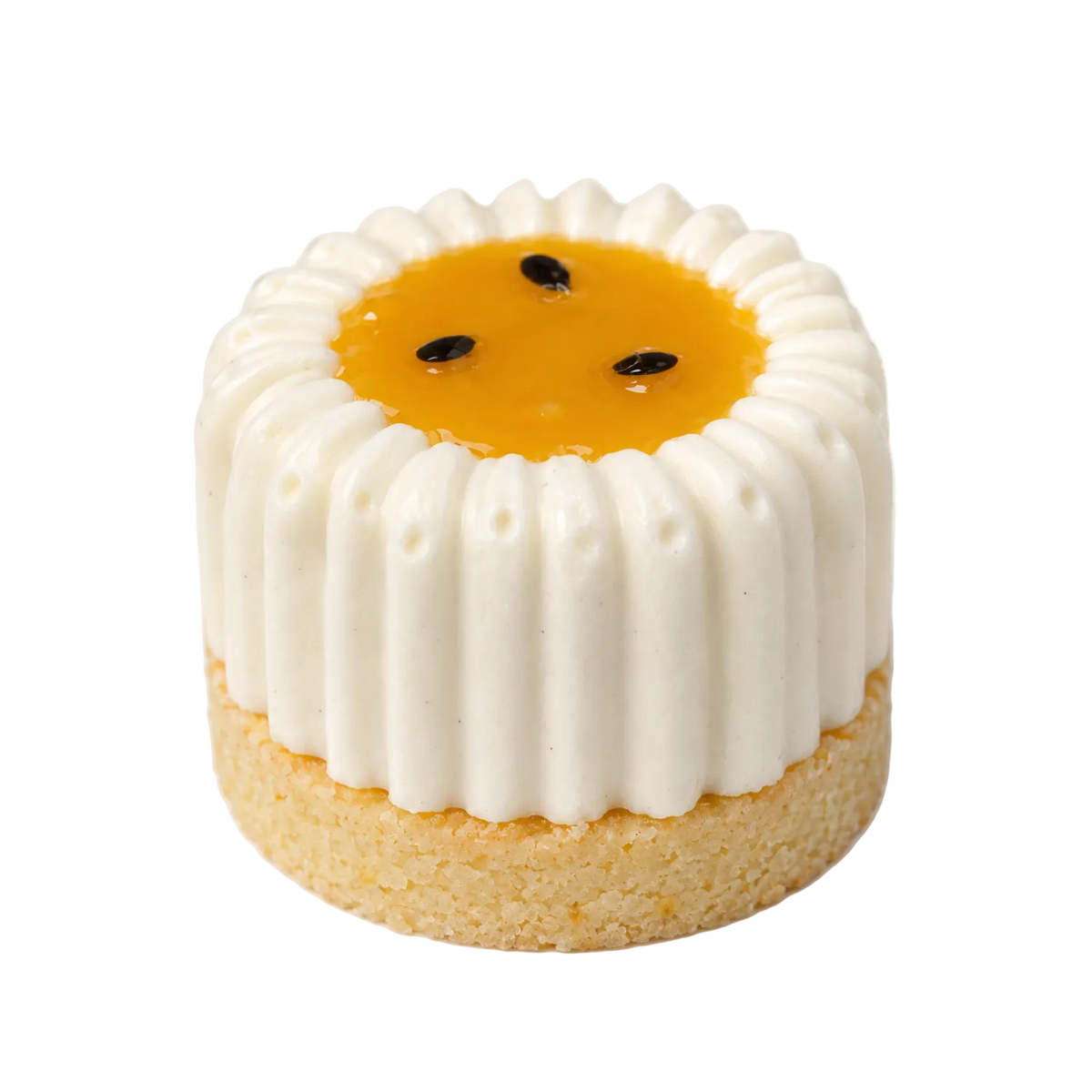 Exotic Charlotte petit four with coconut bavaroise, mango and passionfruit centre, and a gluten-free almond, lime and coconut base — Maison Augustine.