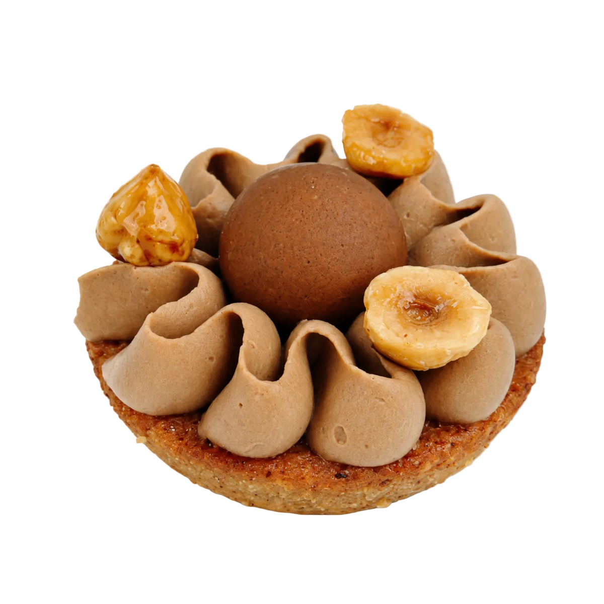 Hazelnut Financier (GF) with
Brown butter hazelnut financier topped with whipped hazelnut ganache and a creamy milk chocolate praliné centre.