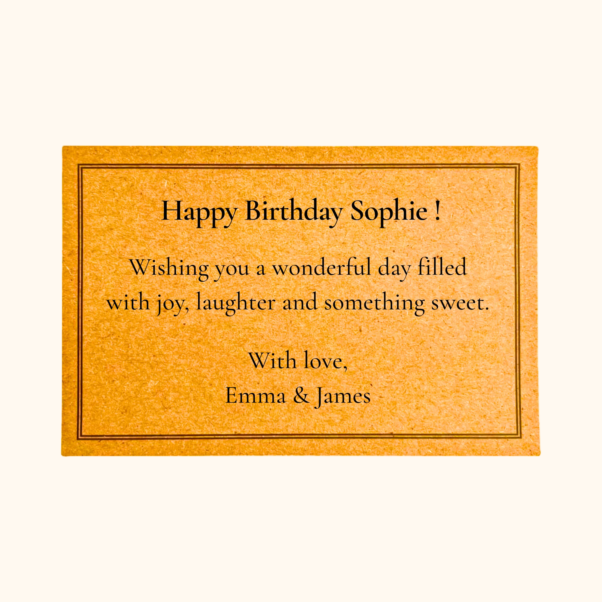 Birthday card with text 'Happy Birthday Sophie!' on an orange background