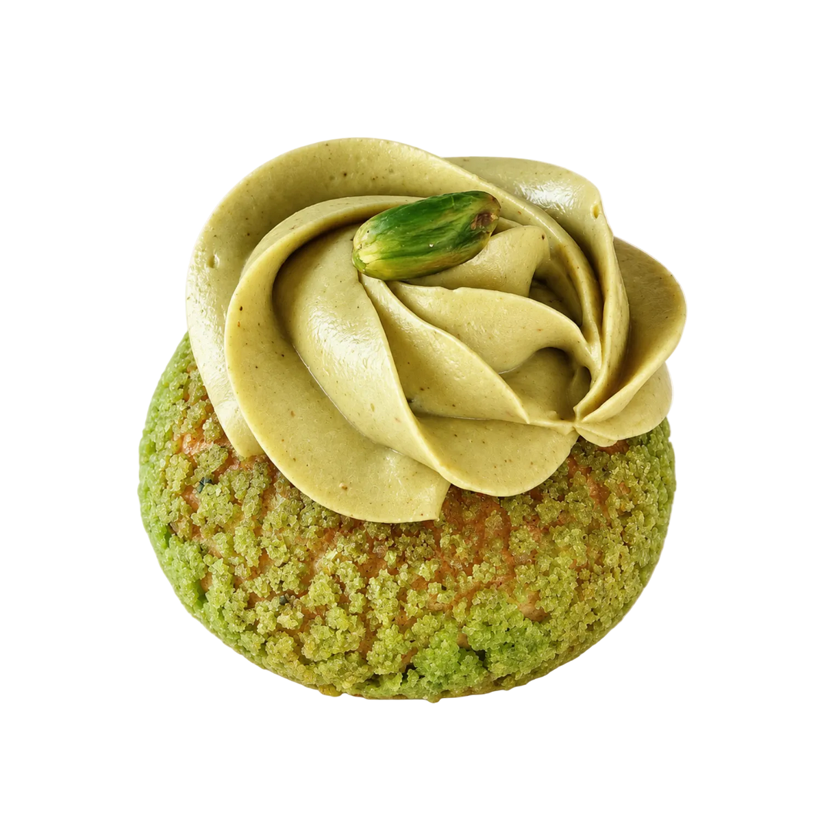 Pistachio choux pastry petit four with pistachio craquelin, pistachio cream and a whole pistachio on top — Maison Augustine, Newcastle.
