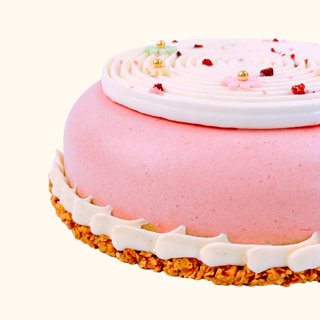 Pink cake with white frosting and a french crispy crepes crust on a white background