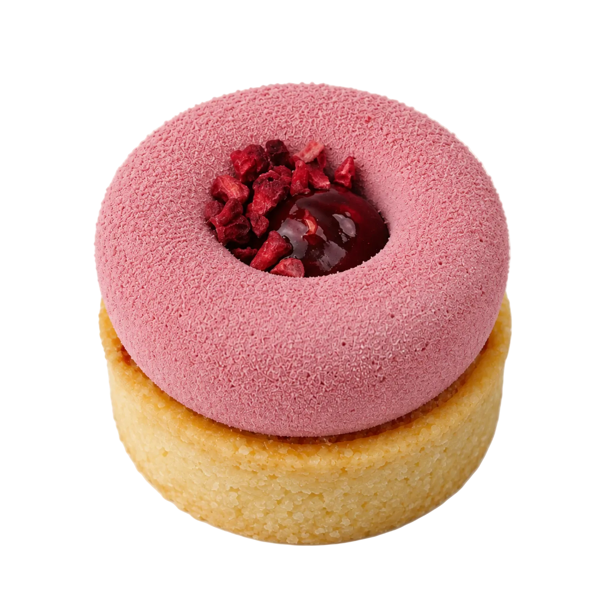 Sablée tart filled with almond cream, raspberries and amarena cherries, finished with a delicate raspberry & strawberry mousse and a vibrant raspberry–amarena gel centre.