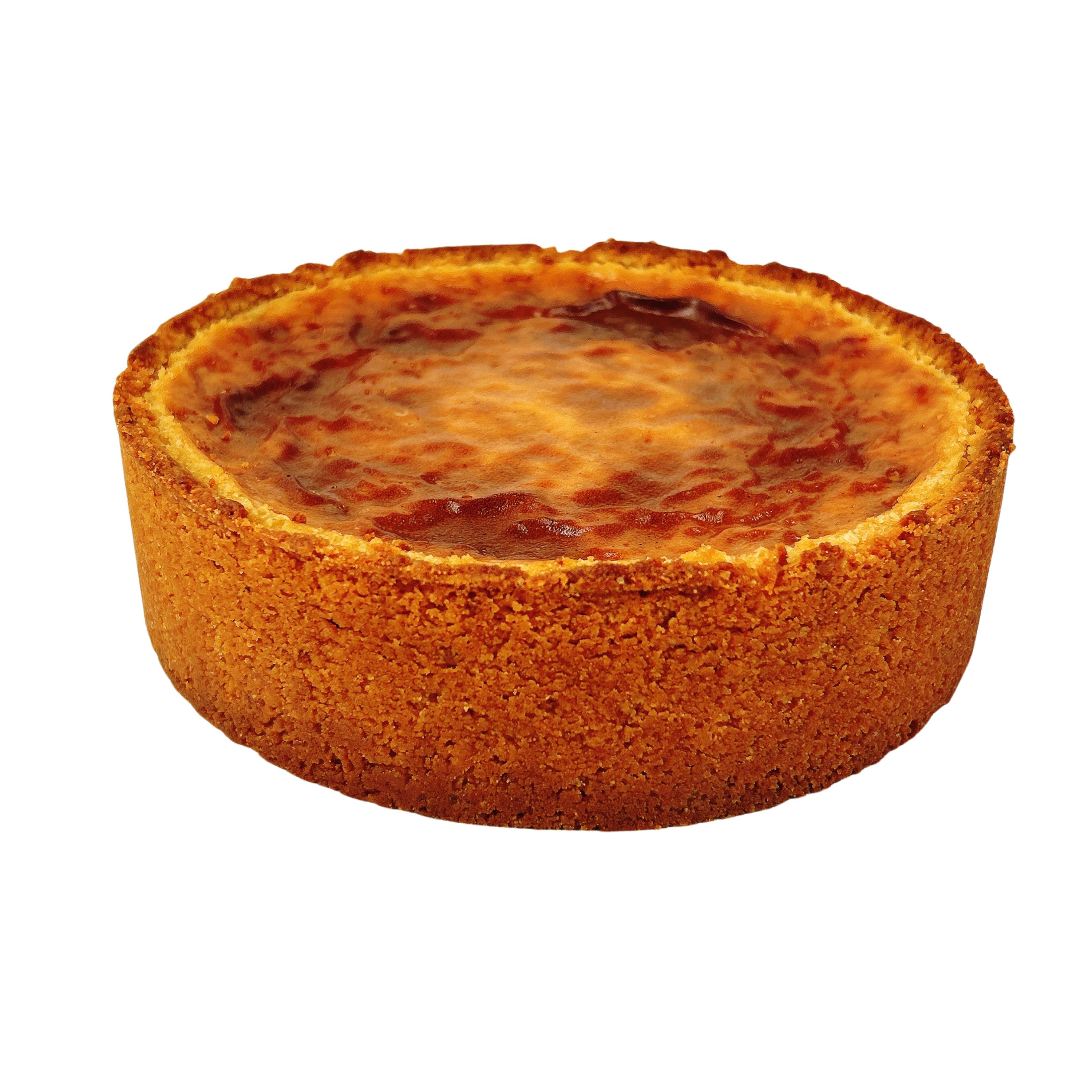 Cross section of a French vanilla flan pâtissier showing its smooth, creamy custard filling inside a crisp buttery pastry crust.