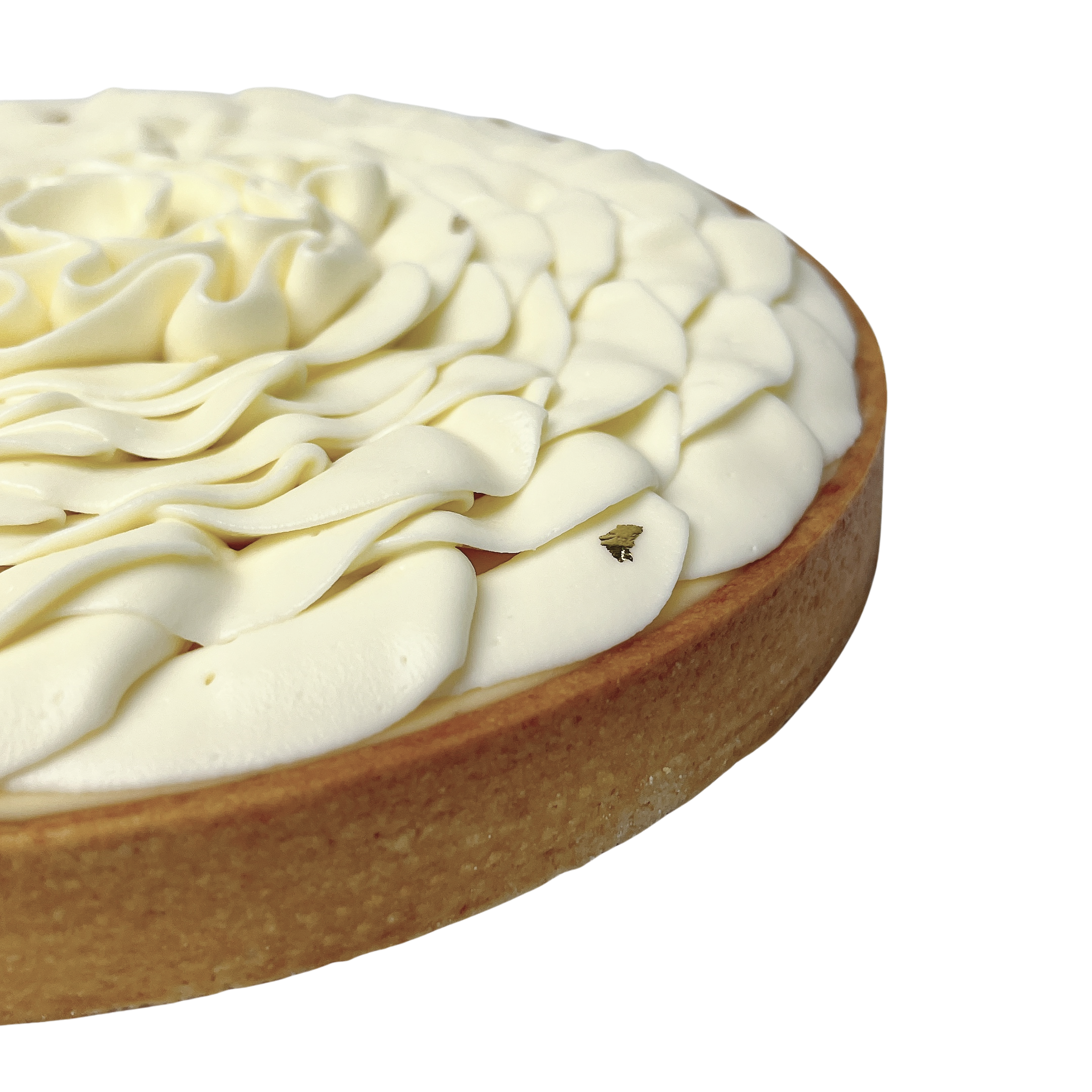Close-up of a French lemon tart featuring smooth vanilla whipped cream piped into elegant petals and a buttery pastry crust.