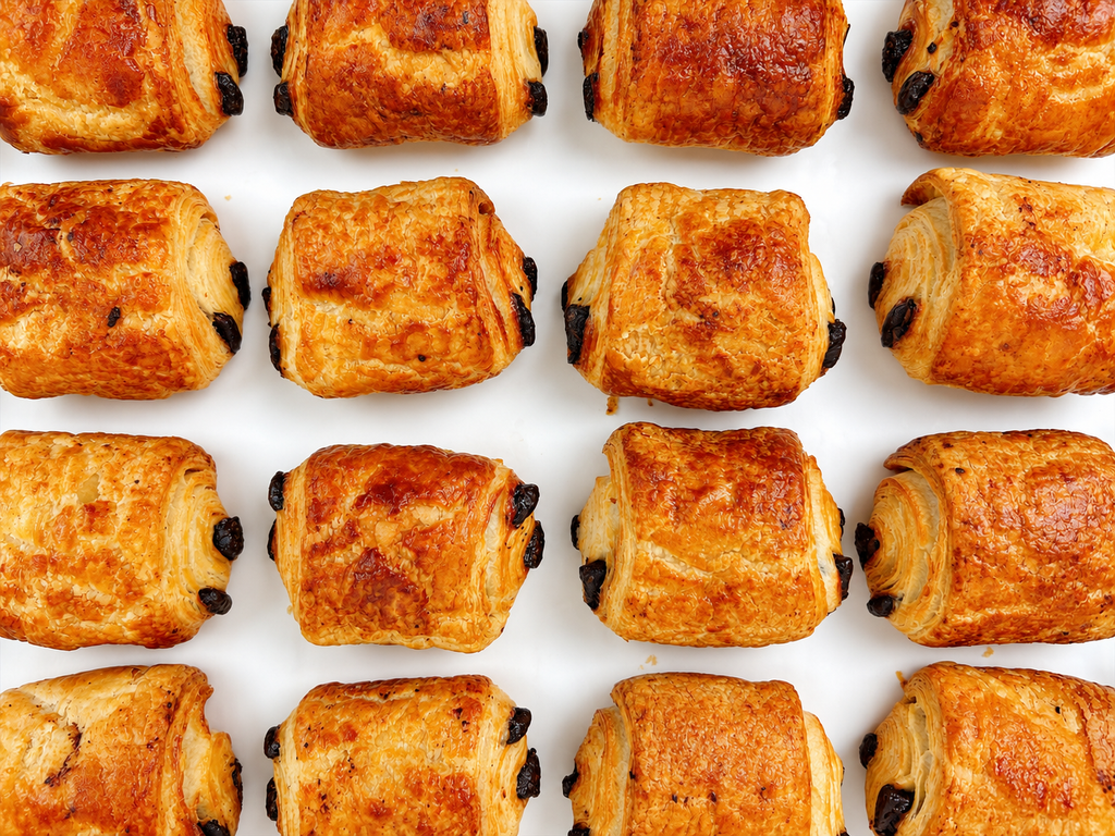 Mini French pain au chocolat with flaky pastry and dark chocolate