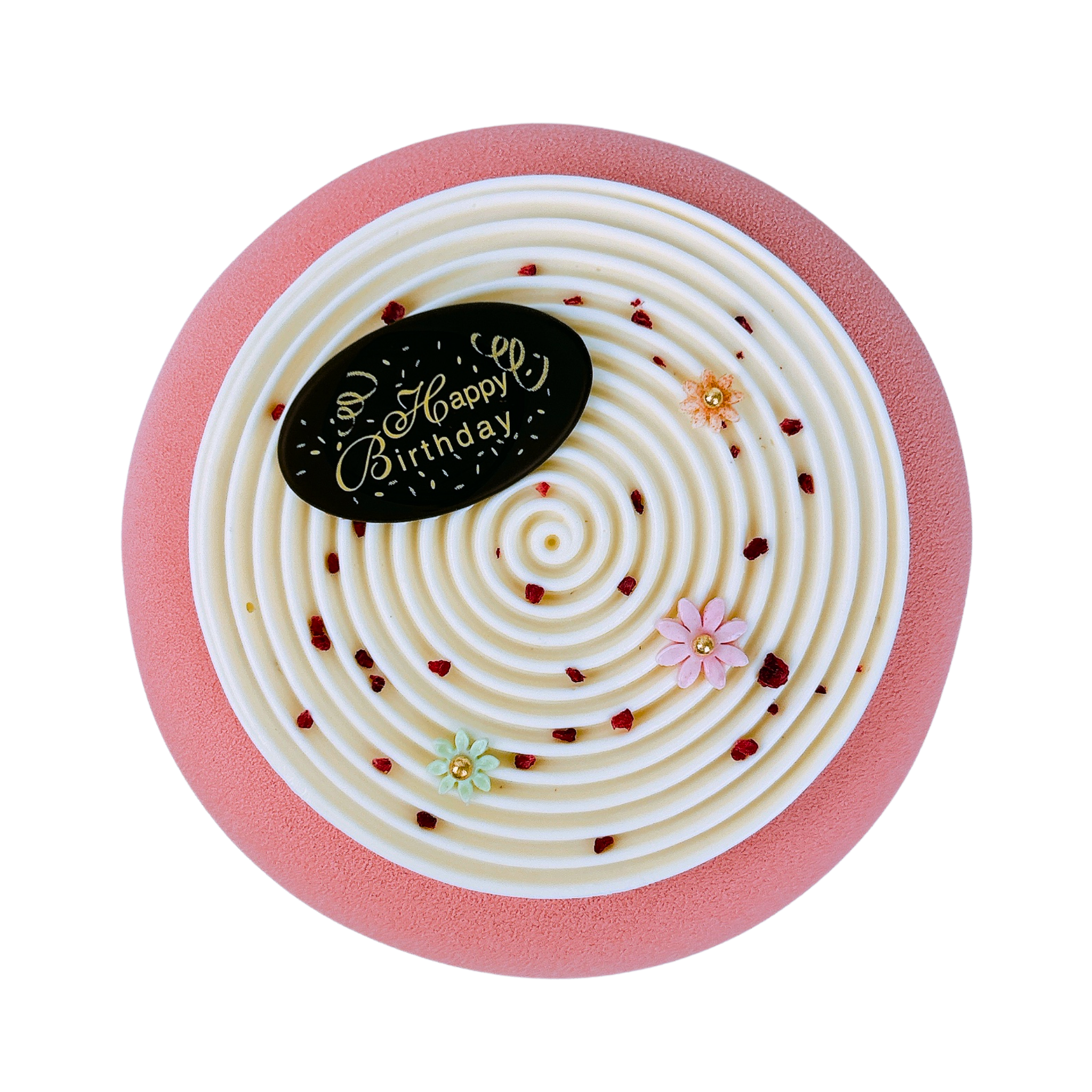 Top view of a Red Berry & Coconut entremet cake with a chocolate Happy Birthday plaque, elegant white spiral décor, sugar flowers and raspberry pieces.