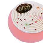 Red Berry & Coconut French entremet decorated with a handcrafted chocolate Happy Birthday plaque, white coconut tourbillon, sugar flowers and freeze-dried raspberries.