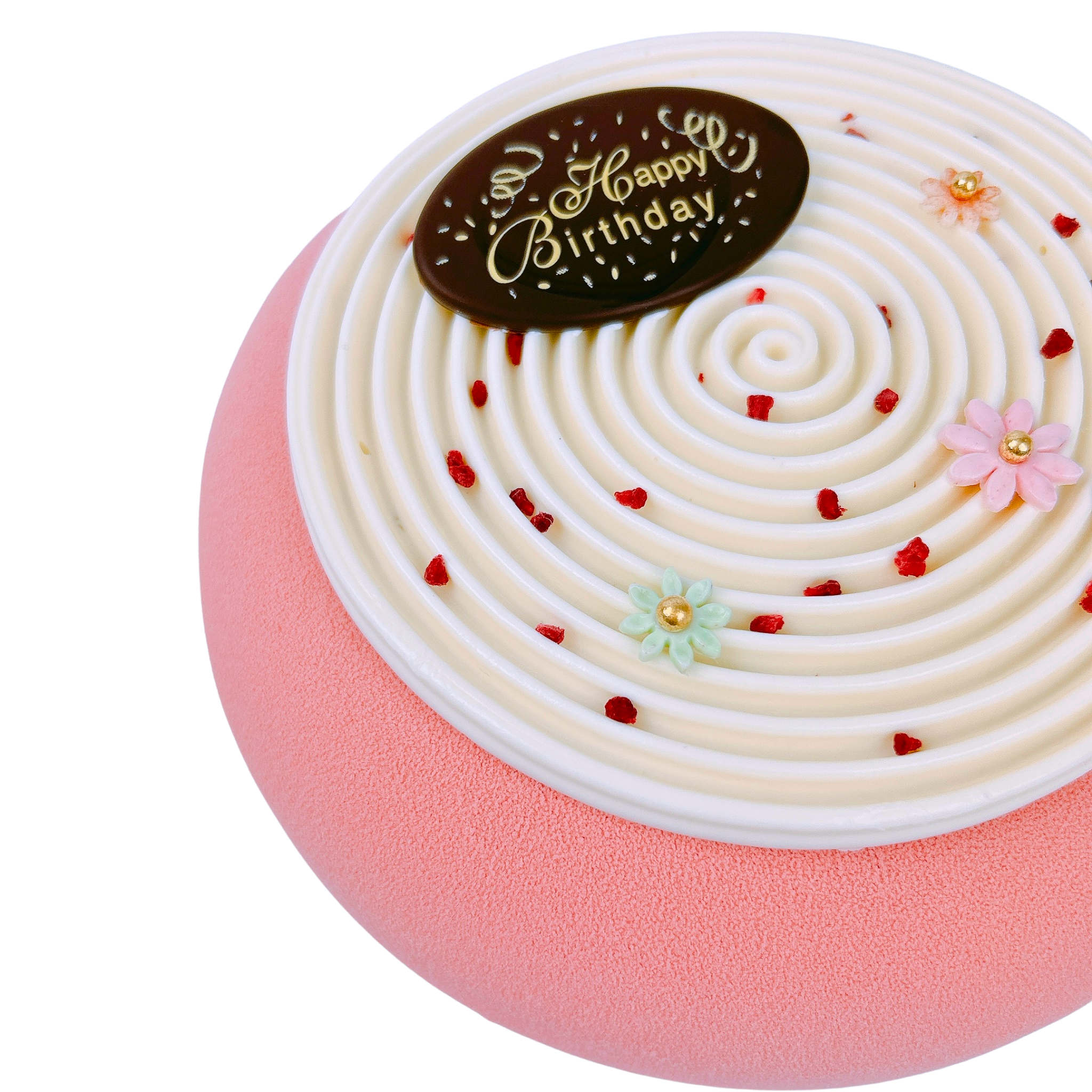 Red Berry & Coconut French entremet decorated with a handcrafted chocolate Happy Birthday plaque, white coconut tourbillon, sugar flowers and freeze-dried raspberries.