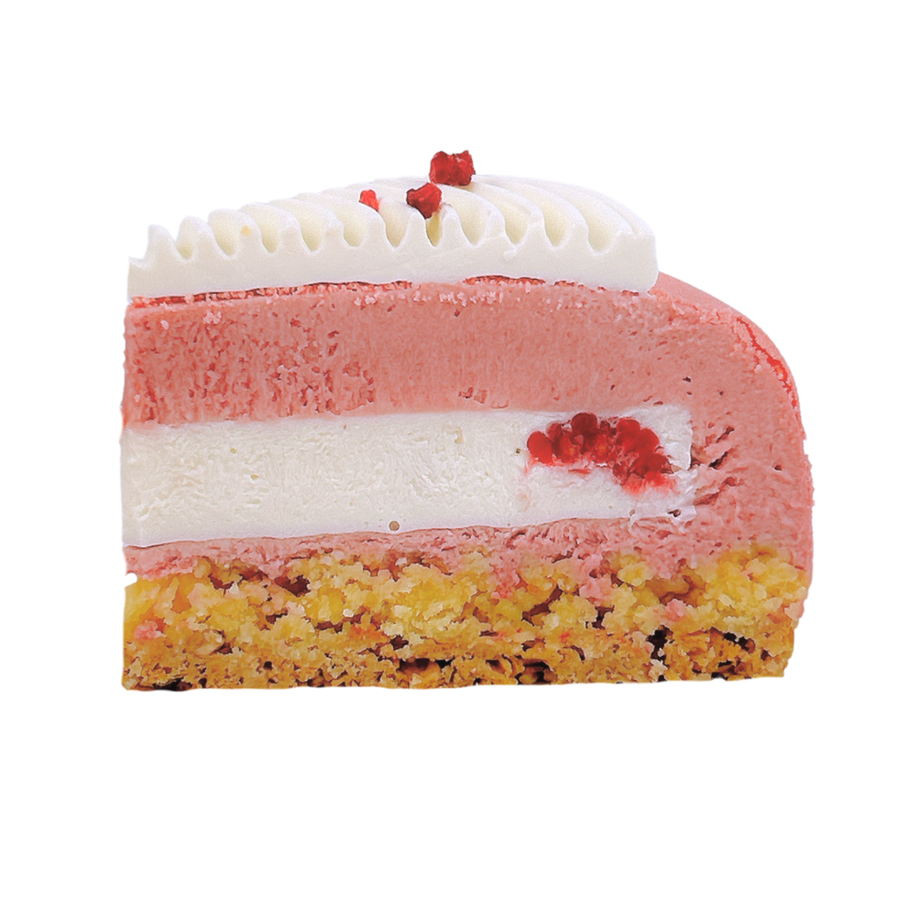 A slice of red berry and coco entremet made in Newcastle nsw, featuring a golden crumb base, a pink berry mousse layer, a white coconut cream layer, and a top of white pannacotta with small red berry accents.