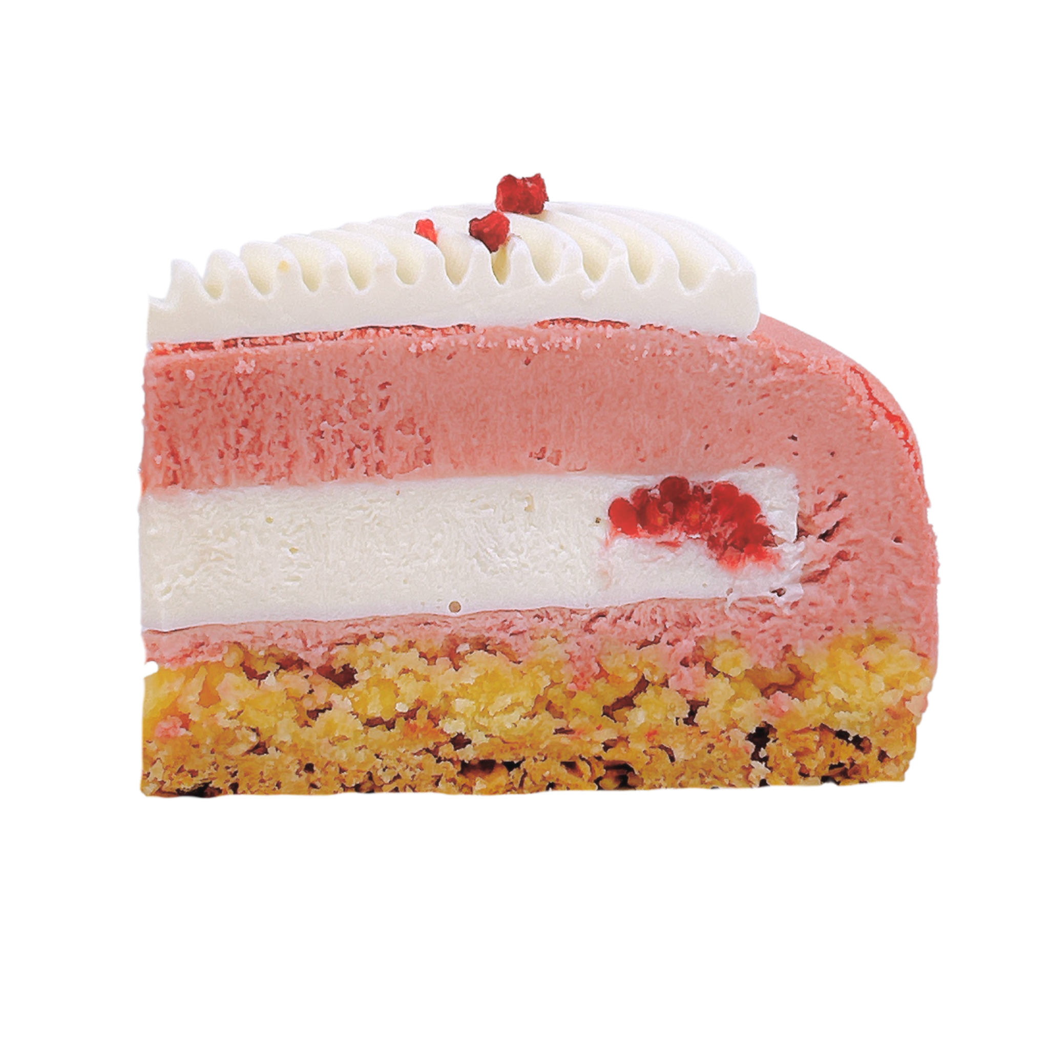 A slice of red berry and coco entremet made in Newcastle nsw, featuring a golden crumb base, a pink berry mousse layer, a white coconut cream layer, and a top of white pannacotta with small red berry accents.